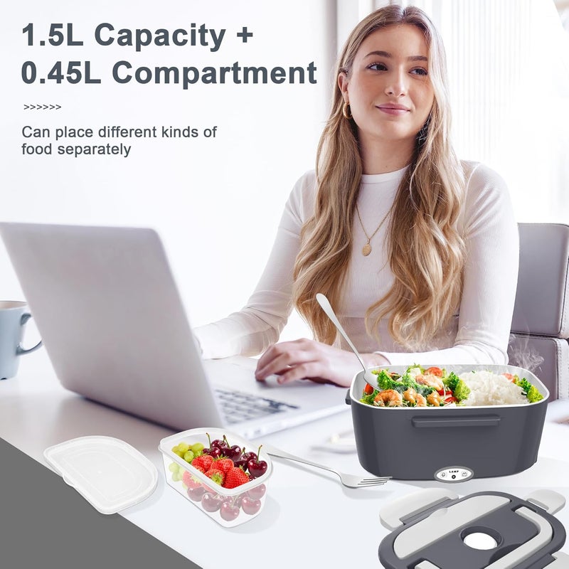 HOLDRUBY Electric Heated Lunch Boxes Adults: 80W Electric Lunch Box Food Heated 12/24/110V 1.5L Heatable Lunch Box for Car/Truck/Office Leak-Proof Stainless Steel Container, Fork & Spoon, Bag (Dark Grey) - Image 5
